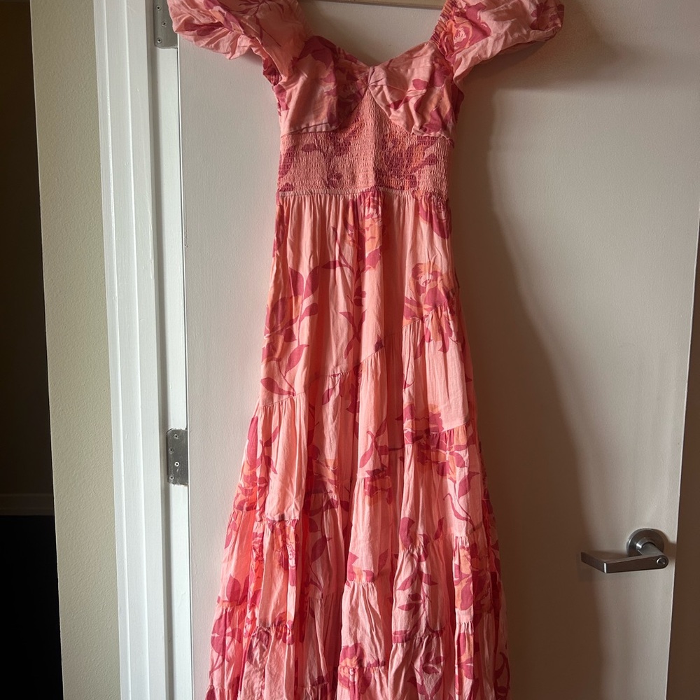 Free People Sundrenched Pink Floral Maxi Dress with Puff Sleeves